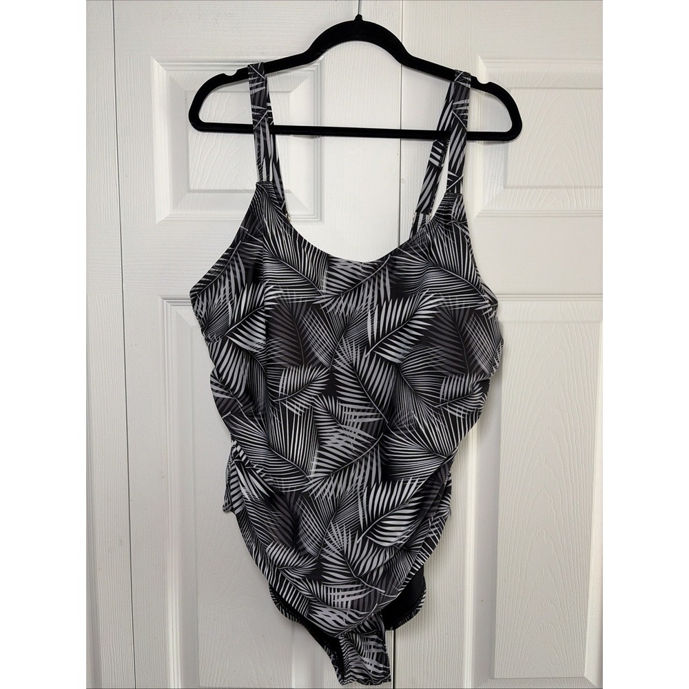 Nicole Miller Studio Palm Leaf One Piece Swimsuit Womens Size 3X Black White